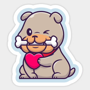 Cute Bulldog Bite Bone And Holding Heart Cartoon Sticker